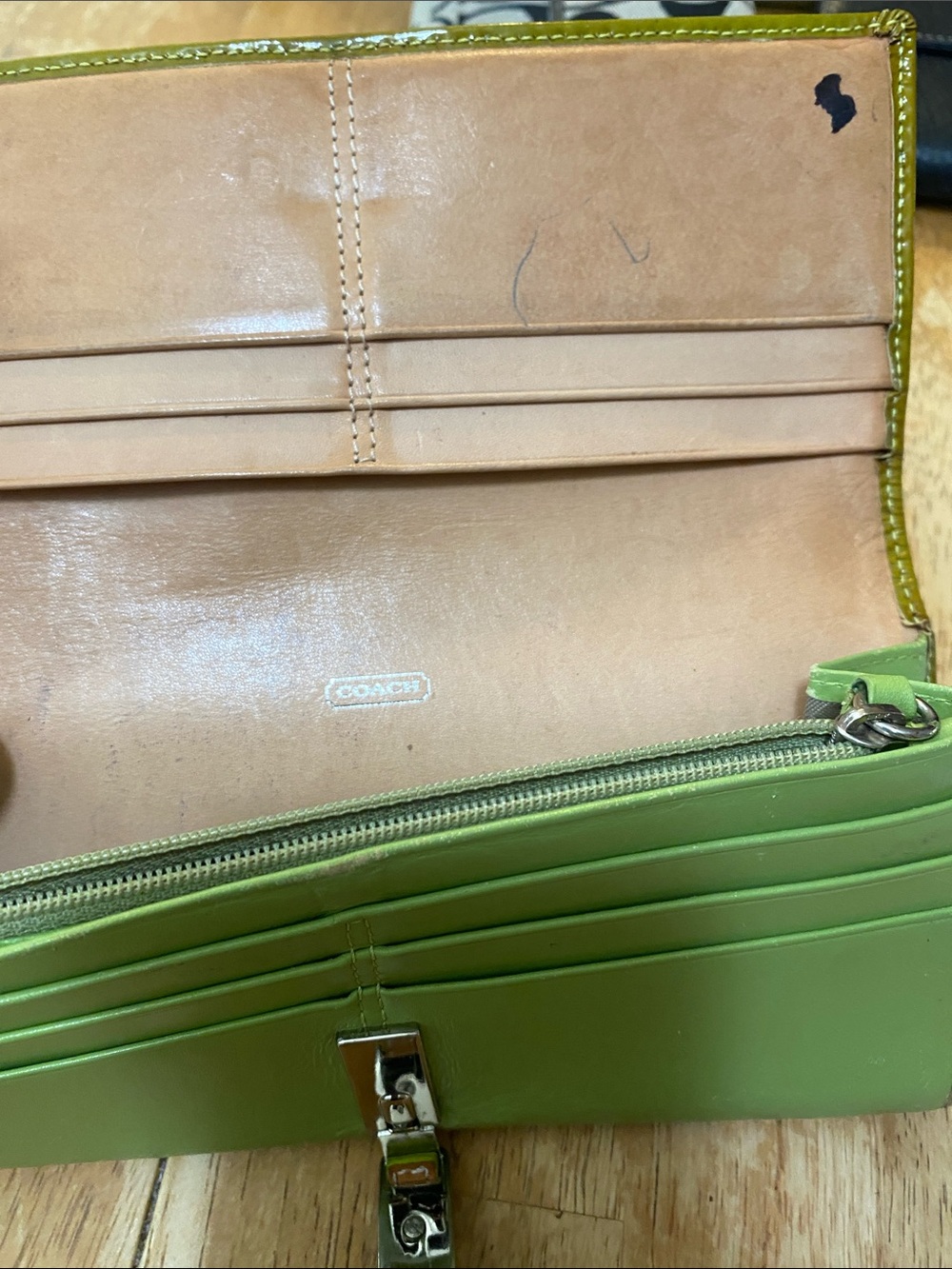 COACH Green Leather Bifold Wallet with Zip Pocket
